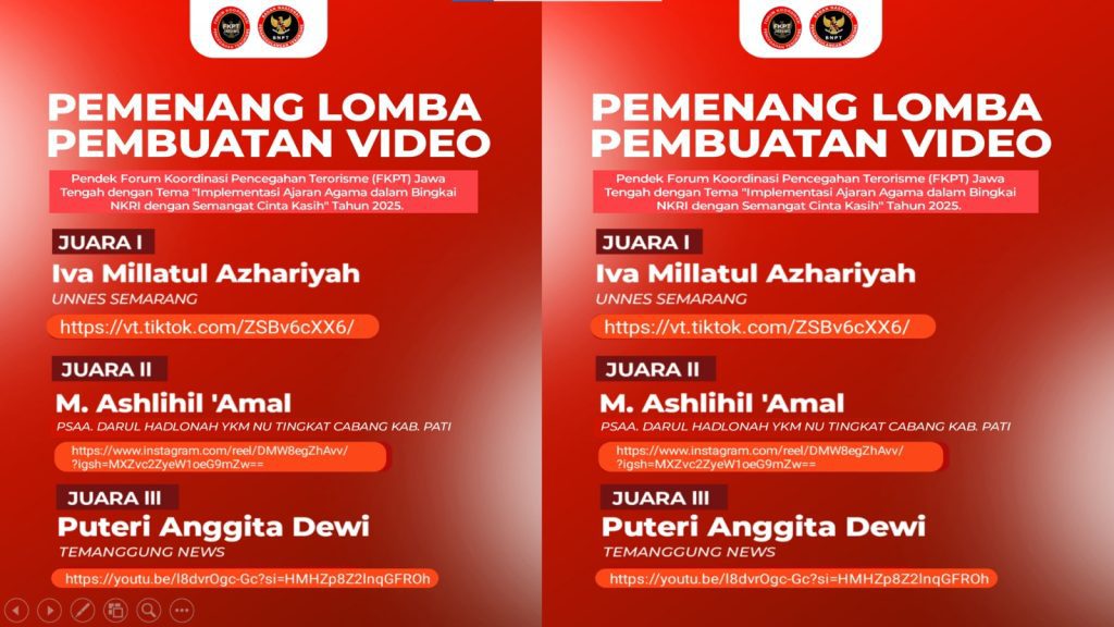 Pengumuman Tiga Video Terbaik Menang Lomba FKPT Jateng 2025